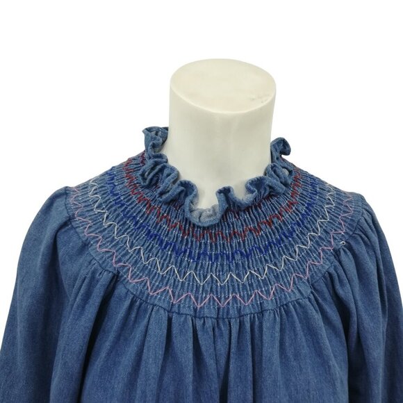 Rixo Azalea Smocked Denim Puff Sleeve Ruffle Mini Dress Size XS US 4 Prairie - Picture 2 of 13